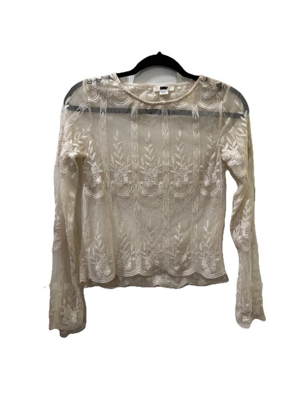 Amp Long Sleeve Blouse Sheer Embroidered Scalloped Hem Romantic Cottage Core XS